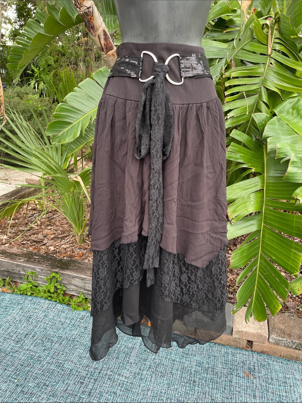 Drop waist mix, media and lace asymmetric skirt